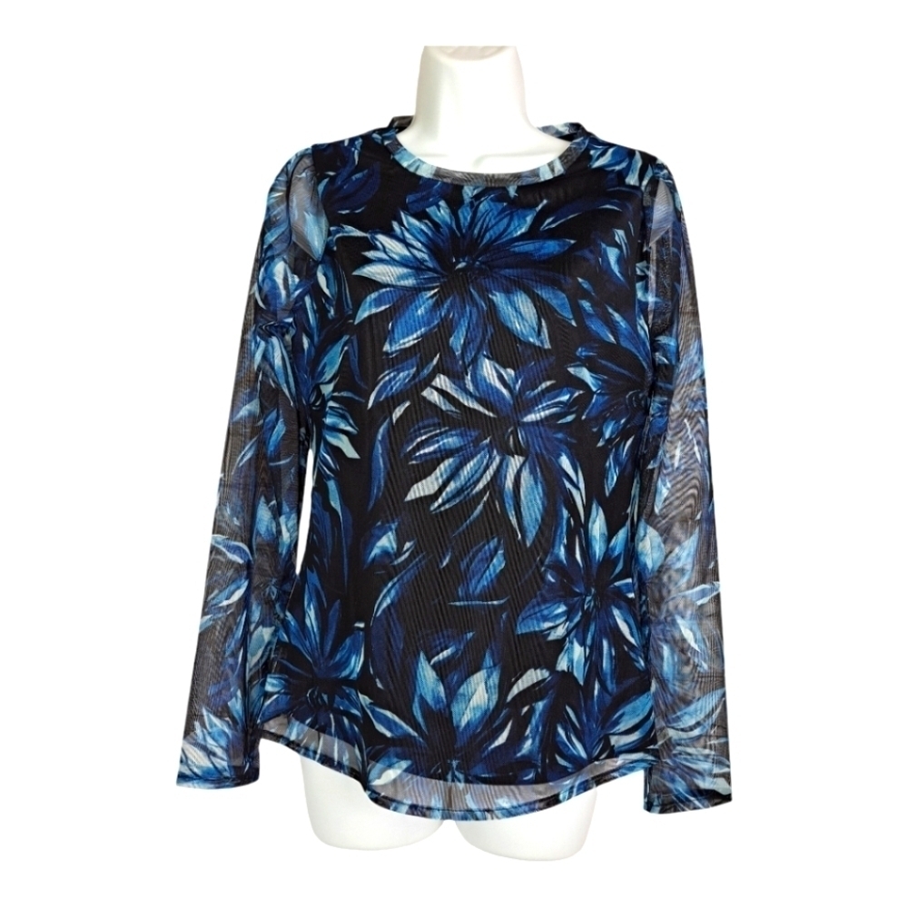 DKNY Blue Tropical Mesh Overlay Top